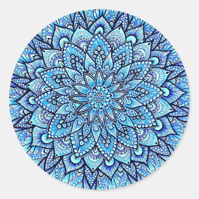 Blue Color Pencil Hand Drawn Mandala Design Runder Aufkleber (Vorderseite)