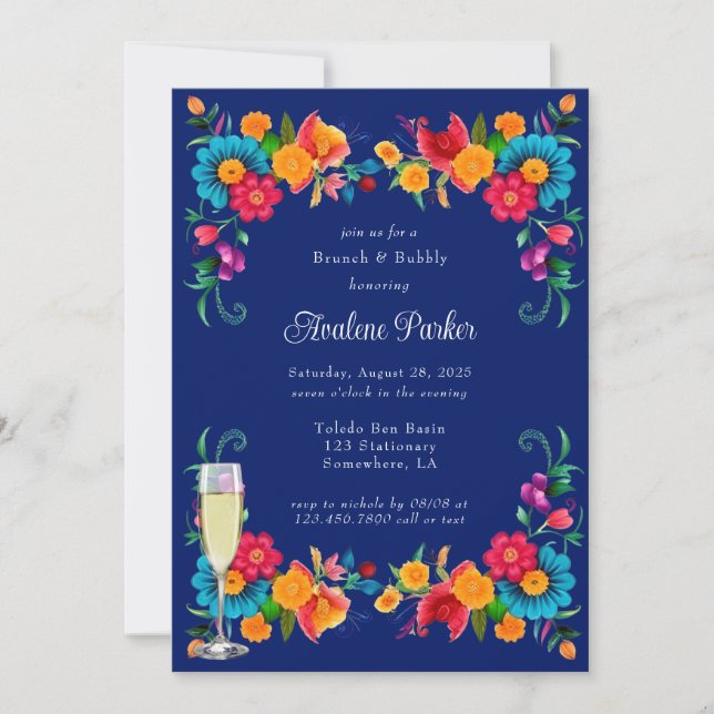 Blue Colorful Mexican Fiesta Brunch & Bubbly Einladung (Vorderseite)