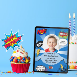 Blue Comic Birthday Party Einladung