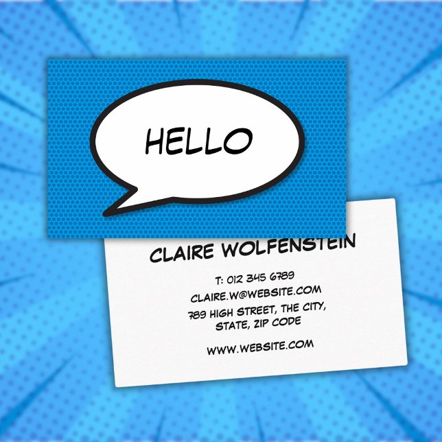 Blue Comic Book Pop Art Speech Bubble HELLO Visitenkarte (Blue Comic Book Pop Art Speech Bubble HELLO Business Card)