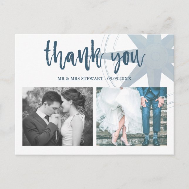 Blue Compass Wedding Foto Vielen Dank Postkarte (Vorderseite)