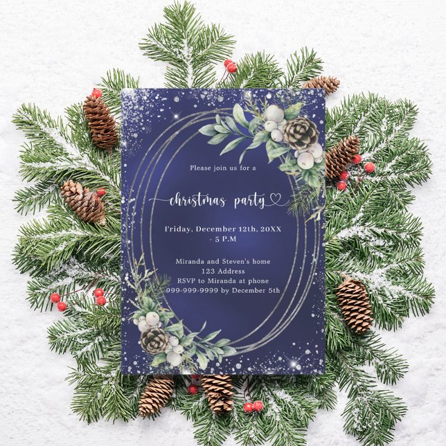 Blue cone pine greenery glitter Christmas Party Einladung (Von Creator hochgeladen)
