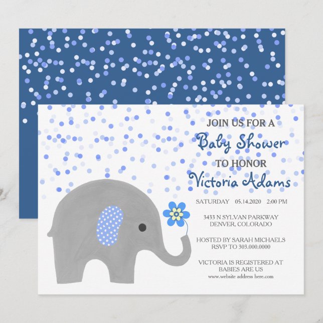 Blue Confetti Elephant Baby Boy Dusche Einladung (Vorne/Hinten)