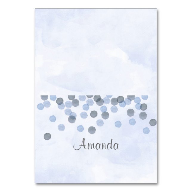 Blue Confetti Watercolor Platzkarte Tischnummer (Vorderseite)