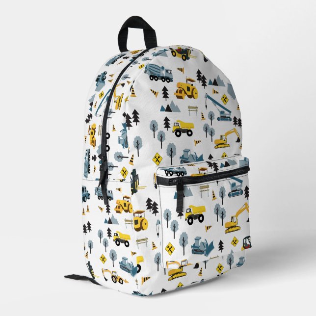 Blue Construction Trucks & Site Theme Boys Bedruckter Rucksack (Rückseitige Ecke links)