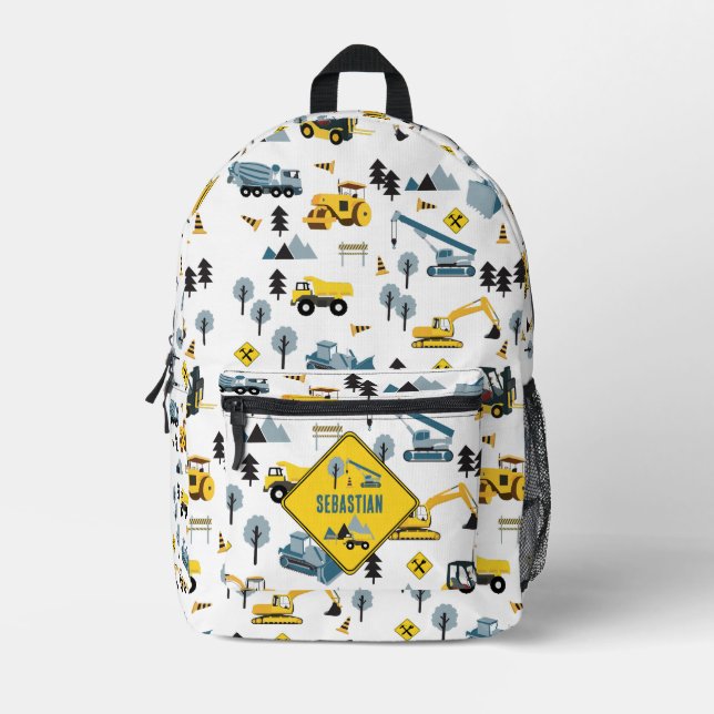 Blue Construction Trucks & Site Theme Boys Name Bedruckter Rucksack (Vorderseite)