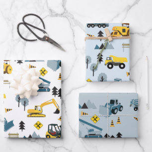 Blue Construction Trucks & Site Theme Muster Geschenkpapier Set