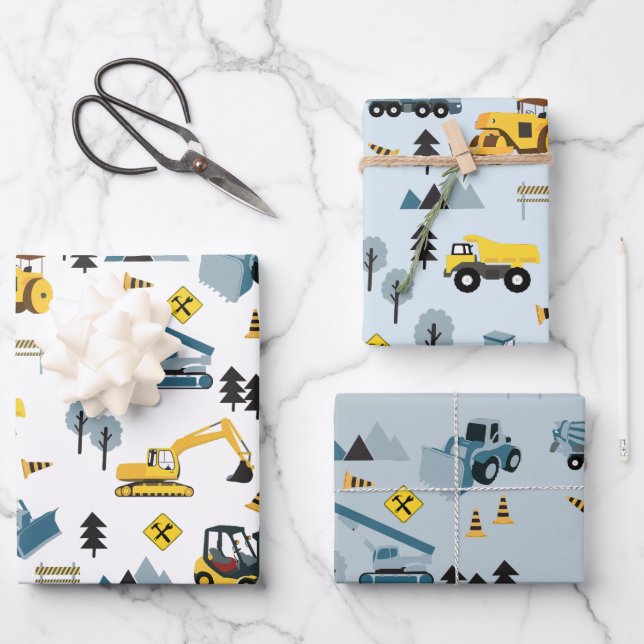 Blue Construction Trucks & Site Theme Muster Geschenkpapier Set (Vorderseite)
