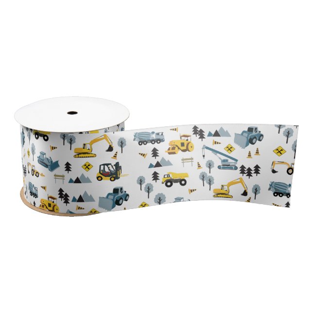 Blue Construction Trucks & Site Theme Muster Satinband (Spule)