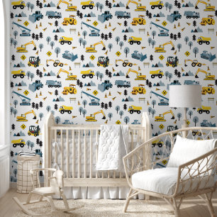 Blue Construction Trucks & Site Theme Muster Tapete