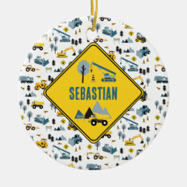 Blue Construction Trucks & Site Theme Pattern  Keramik Ornament