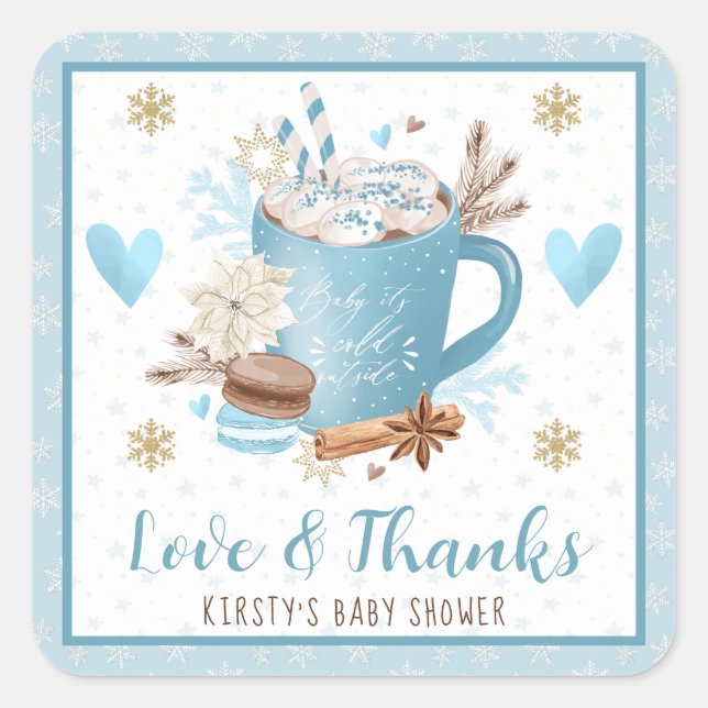 Blue Cookies & Cocoa Baby Shower Favor Quadratischer Aufkleber (Vorderseite)