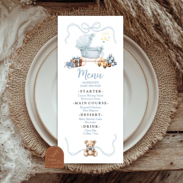 Blue Coquette Baby Carriage Baby Shower Flat Menu Menükarte (Von Creator hochgeladen)