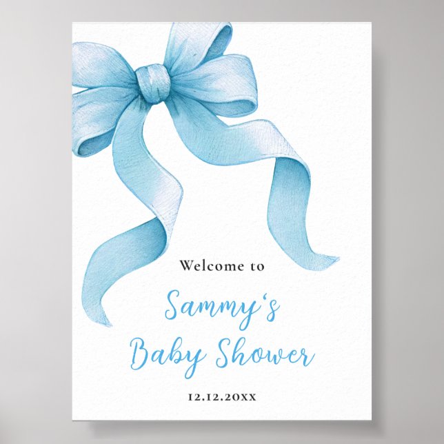 Blue Coquette Bow Baby Dusche Begrüßungszeichen Poster (Vorne)