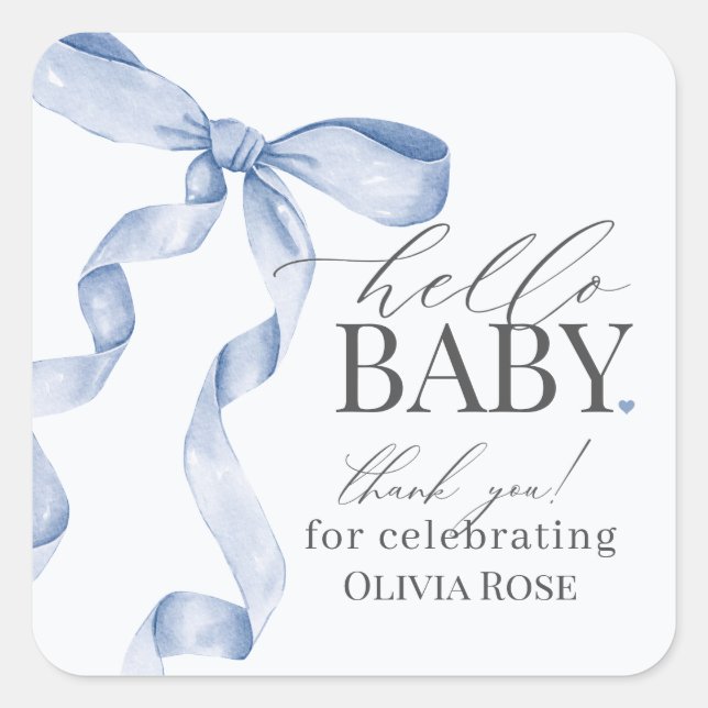 Blue Coquette Bow Girl Baby Dusche Gefallen Quadratischer Aufkleber (Vorderseite)