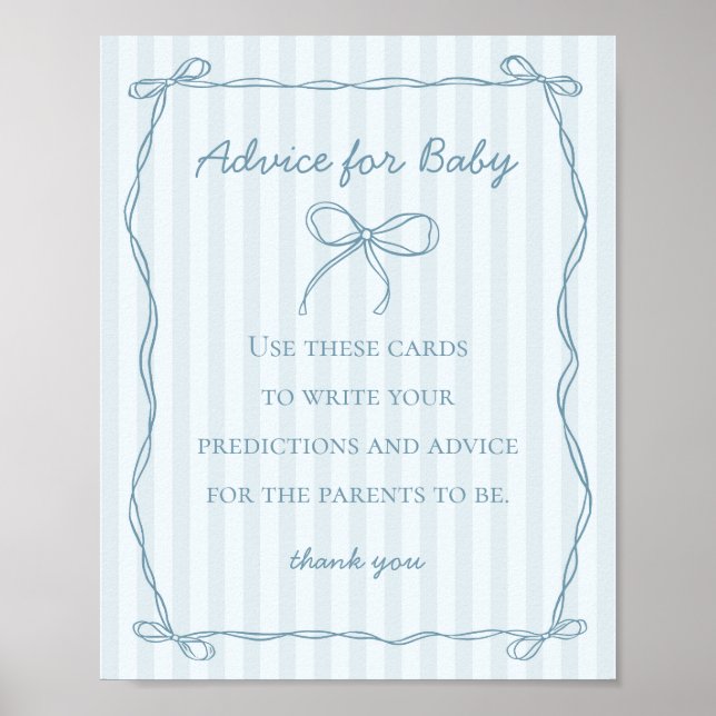 Blue Coquette Bow Ratschläge für Baby Shower Game Poster (Vorne)