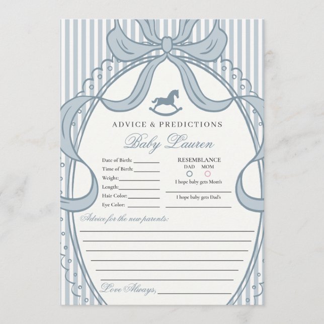 Blue Coquette Bow Rocking Horse Baby Advice Card Einladung (Vorderseite)