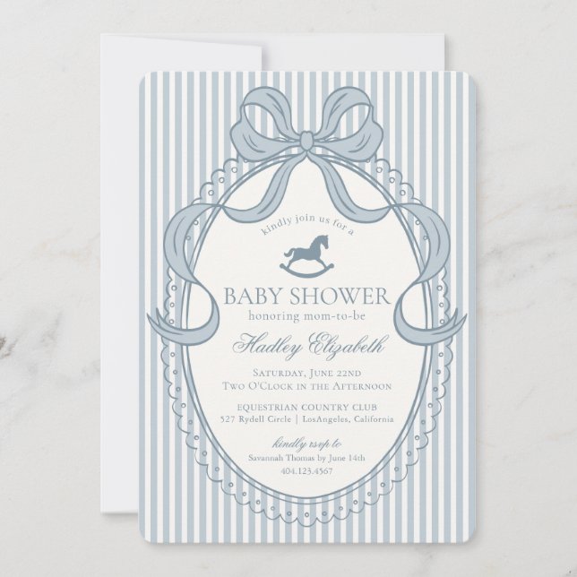 Blue Coquette Bow Rocking Horse Baby Shower Einladung (Vorderseite)