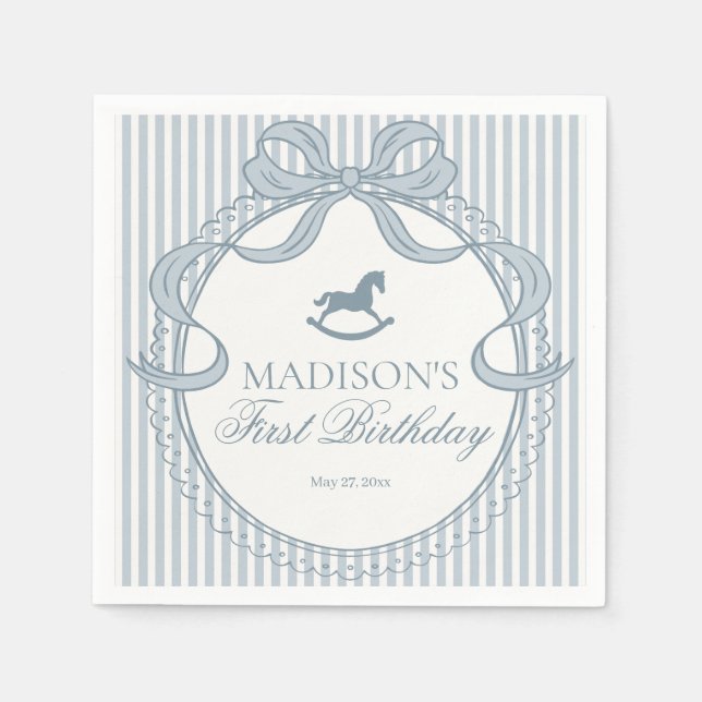 Blue Coquette Bow Rocking Horse Birthday Dessert Serviette (Vorderseite)
