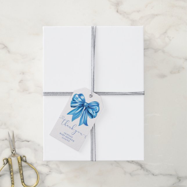 Blue Coquette Bow Wildblumen Baby Dusche Gefallen Geschenkanhänger (Mit Garn)