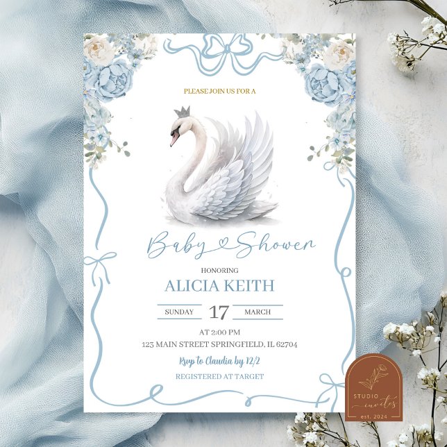 Blue Coquette Crowned Swan Baby Shower Einladung (Von Creator hochgeladen)