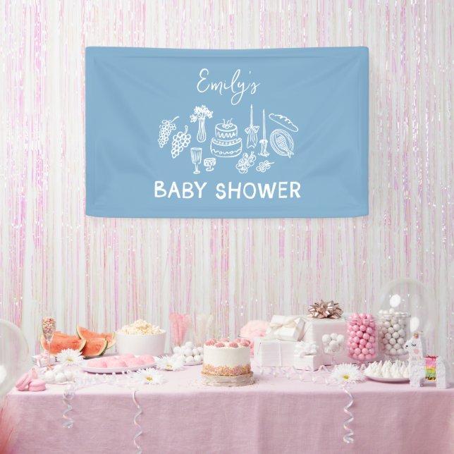 Blue Coquette Moderne Handgezogene Babydusche Banner (Party)