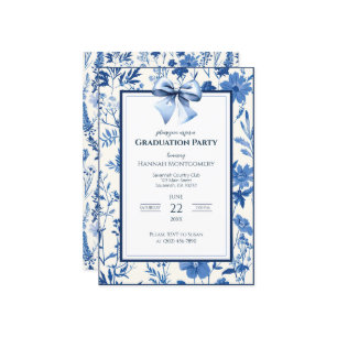 Blue Coquette Toile Bow Graduation Invitation