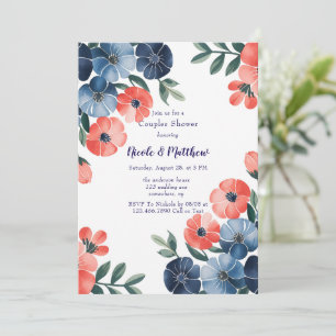 Blue & Coral Bouquet Wedding Couples Dusche Einladung