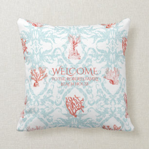 Blue Coral Damask Beach House Begrüßungszeichen Kissen