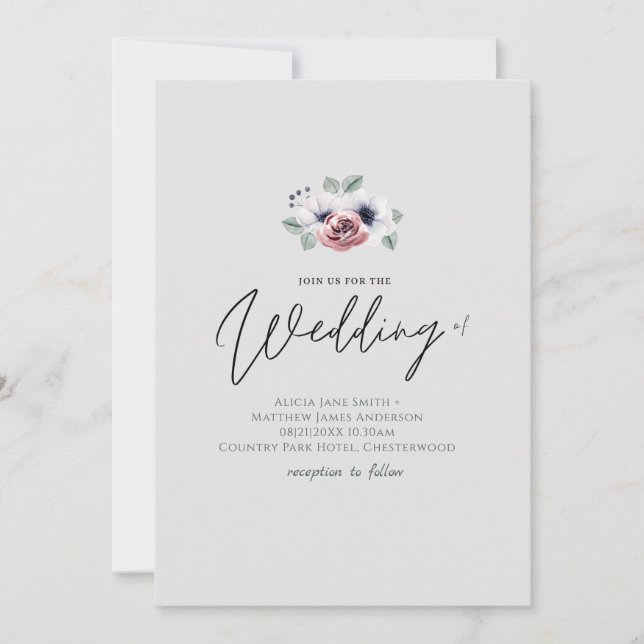 Blue Coral Gray Handwriting Style Wedding (Vorderseite)