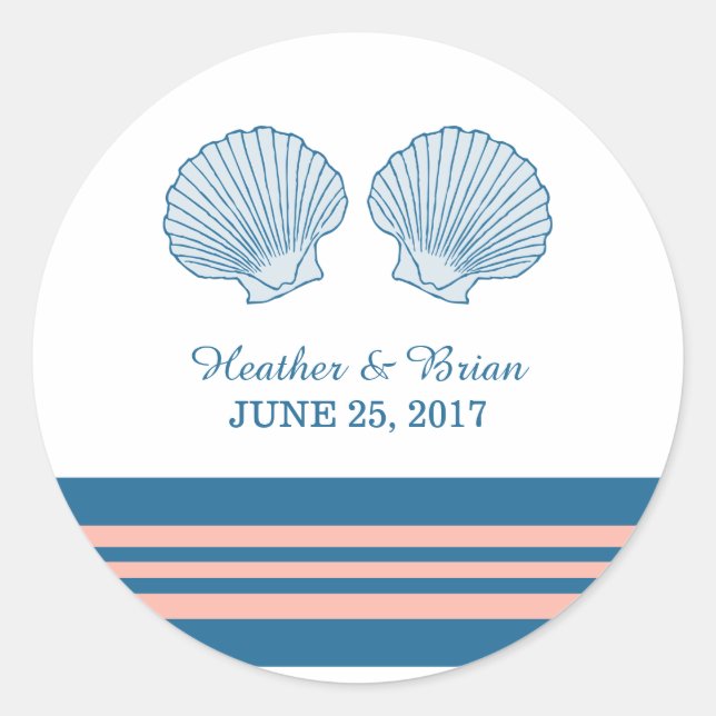 Blue Coral Nautical Seashells Wedding Stickers (Vorderseite)