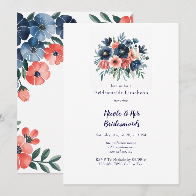 Blue & Coral Paint Bouquet Bridesmaids Luncheon Einladung (Vorne/Hinten)