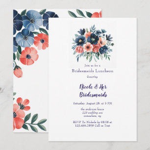 Blue & Coral Paint Bouquet Bridesmaids Luncheon Einladung
