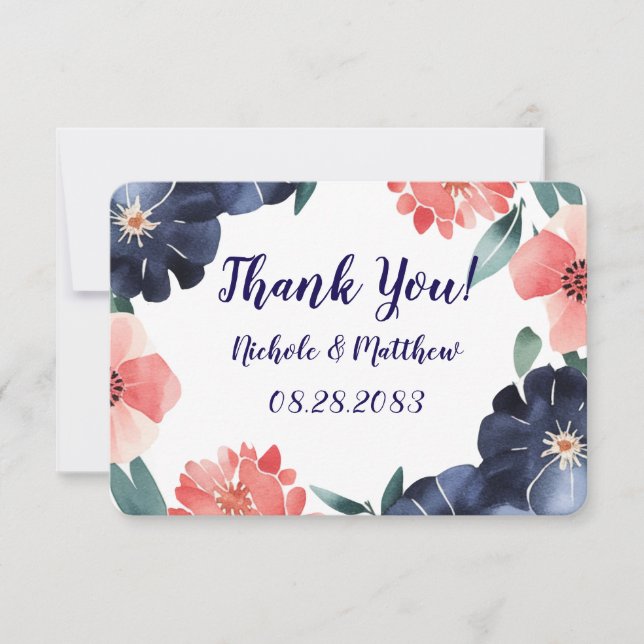 Blue & Coral Paint Bouquet Wedding Dankeskarte (Vorderseite)