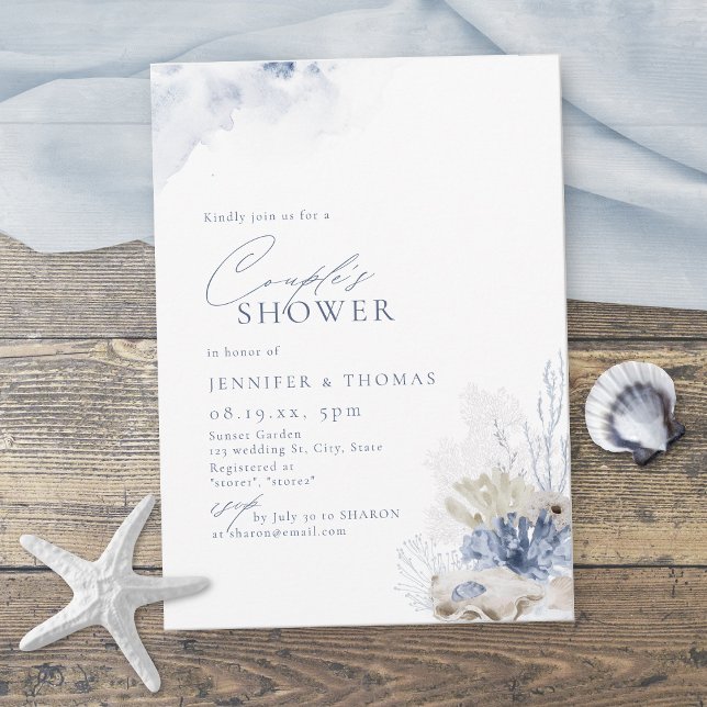 Blue Coral & Seashells Beach Themed Couples Dusche Einladung (Blue Coral & Seashells Beach Themed Couples Shower Invitation)