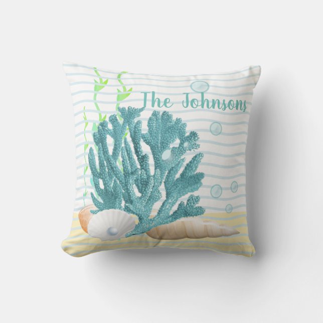 Blue Coral, Seashells & Blue Pearl Kissen (Vorderseite)