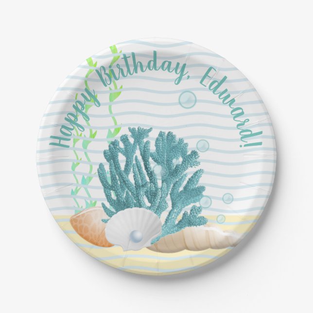 Blue Coral, Seashells & Blue Pearl Pappteller (Vorderseite)