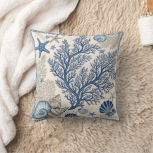 Blue Coral Throw Pillow - Coastal Ocean Pattern Kissen