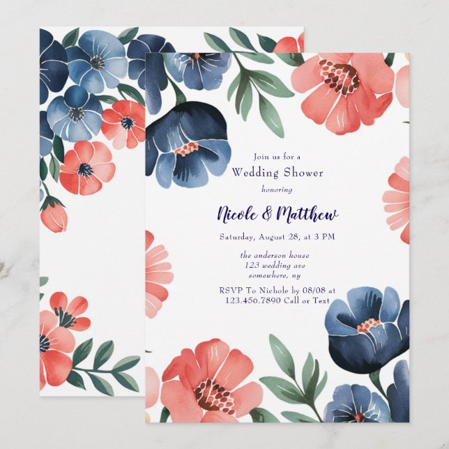 Blue & Coral Watercolor Bouquet Polterabend Einladung (Vorne/Hinten)