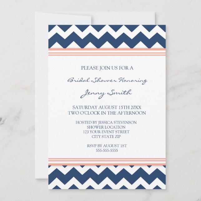 Blue Coral Zickzack Bridal Dusche Einladungs-Karte Einladung (Rückseite)