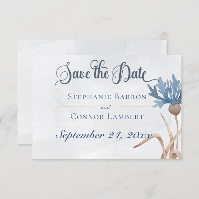 Blue Cornblumen & Wheat Field Blue Wedding Save The Date (Vorne/Hinten)