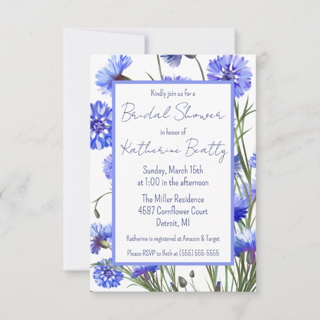 Blue Cornflower Watercolor Brautparty Einladung (Vorderseite)