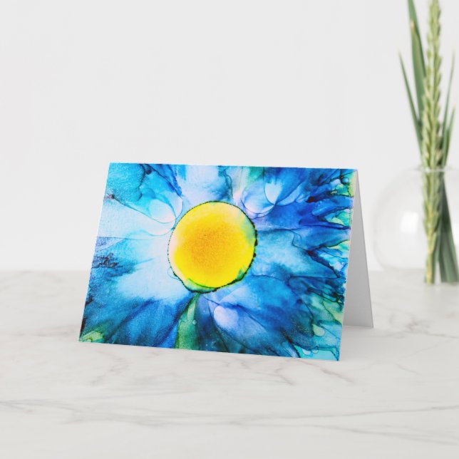 Blue Cosmo Blume Alkohol Tinte Malerei Karte (Vorderseite)