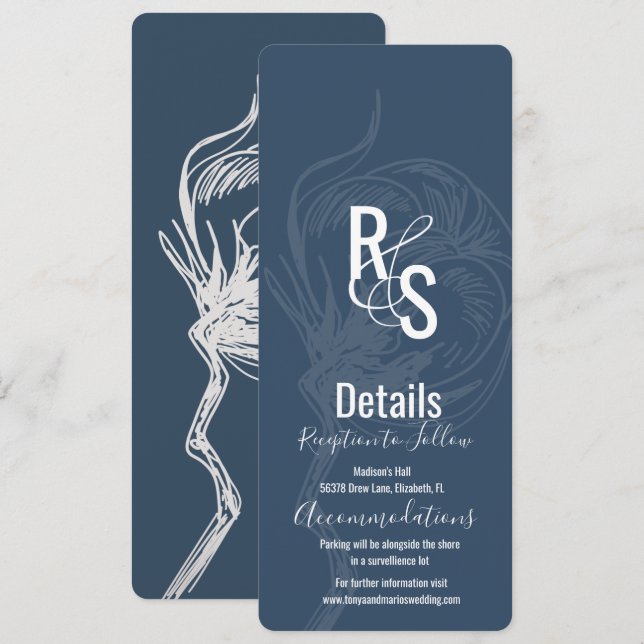 Blue Cotton Pflanze Line Art Wedding Details Einladung (Vorne/Hinten)