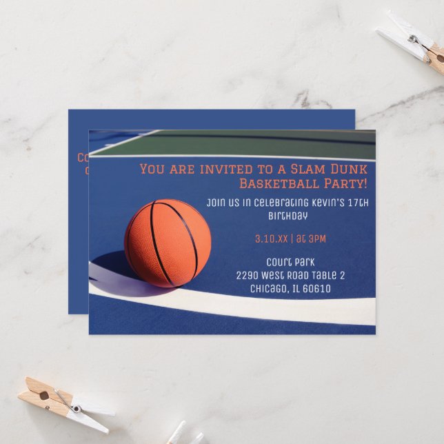 Blue Court Basketball Geburtstag Einladungen (Vorderseite/Rückseite Beispiel)