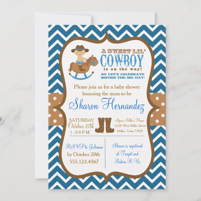 Blue Cowboy Baby Boy Dusche Einladung Zickzack (Vorderseite)