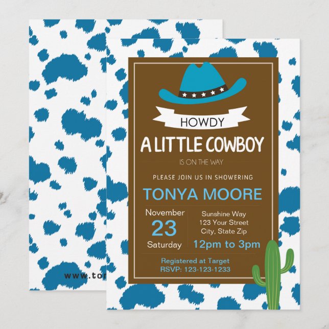 Blue Cowboy Baby Dusche Einladung (Vorne/Hinten)