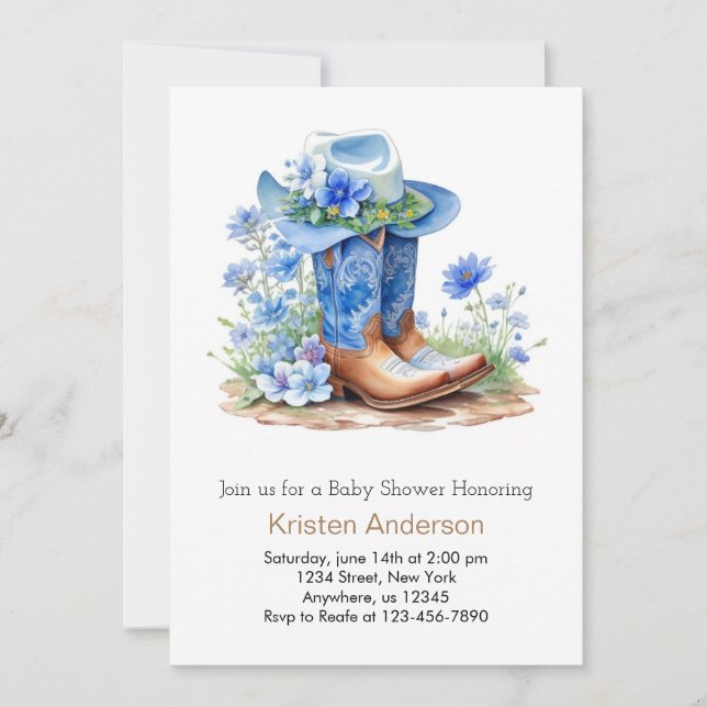 Blue Cowboy Boots and Hat Baby Shower Einladung (Vorderseite)