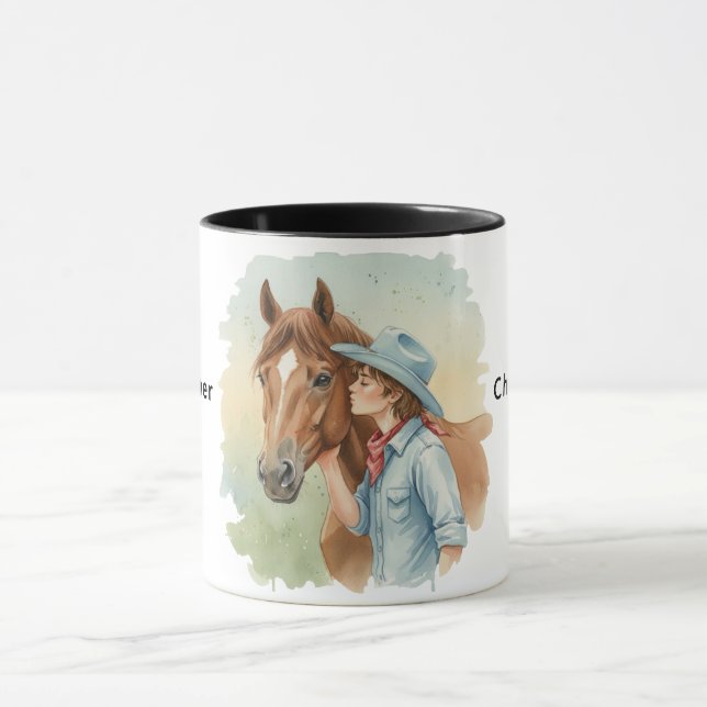 Blue Cowboy Kissing a Horse Birthday Party Gift Tasse (Zentrum)