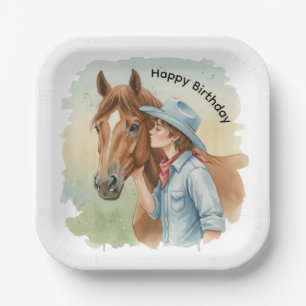Blue Cowboy Kissing a Horse Geburtstagsfeier Pappteller